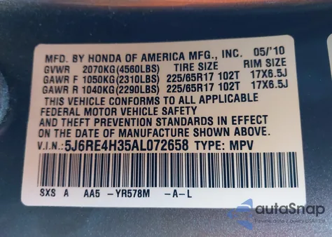 2010 Honda Cr-V Lx from USA, damaged, VIN 5J6RE4H35AL072658
